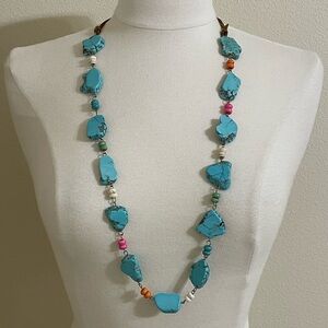 Boho Blue Turquoise Color Slab Chunky Stone Beaded Vegan Leather Long Necklace